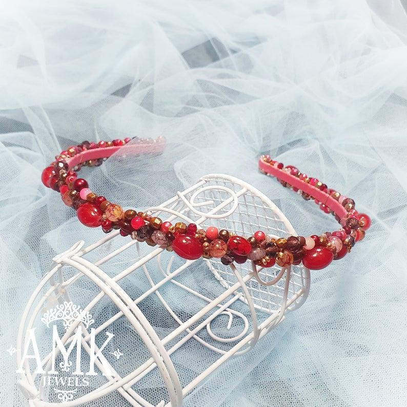 Mariage - Crystal rim for bride and bridesmaid, wedding hairband, bridal tiara, marsala rim, deep red rim, wedding wreath , maroon crystal wreath