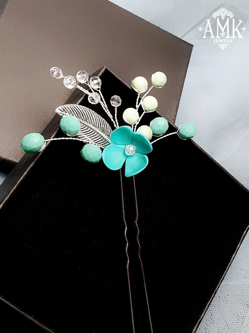 زفاف - Emerald floral hair pin, emerald hair accessory