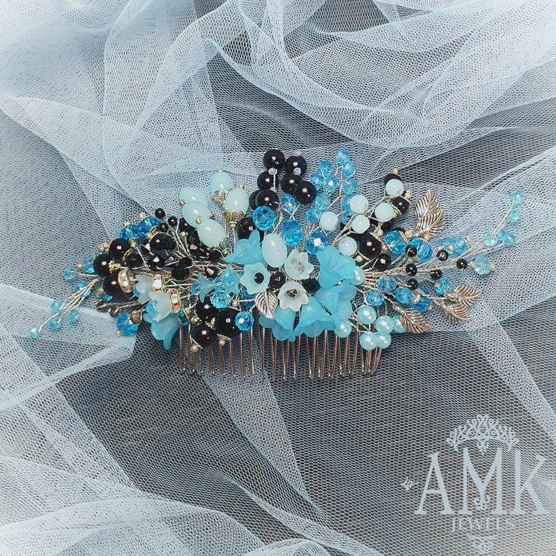 Свадьба - Blue and black hair piece, prom hair comb