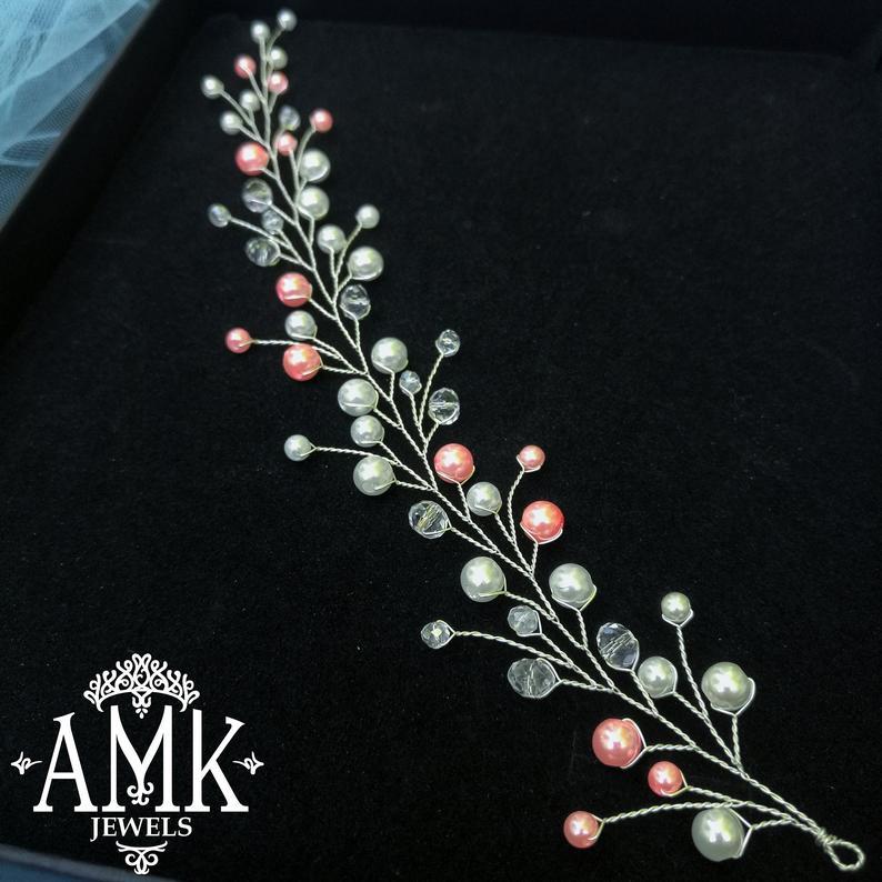 Wedding - Pink pearl hair vine, bridal pink hair piece