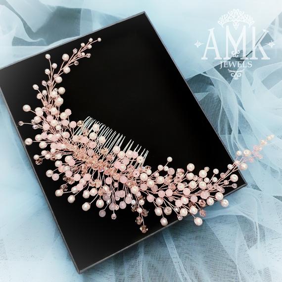زفاف - Crystal pink hair comb, pink bridal hair piece