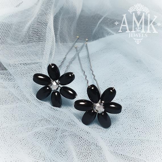 Mariage - Set of black hair pins, black floral hair pin