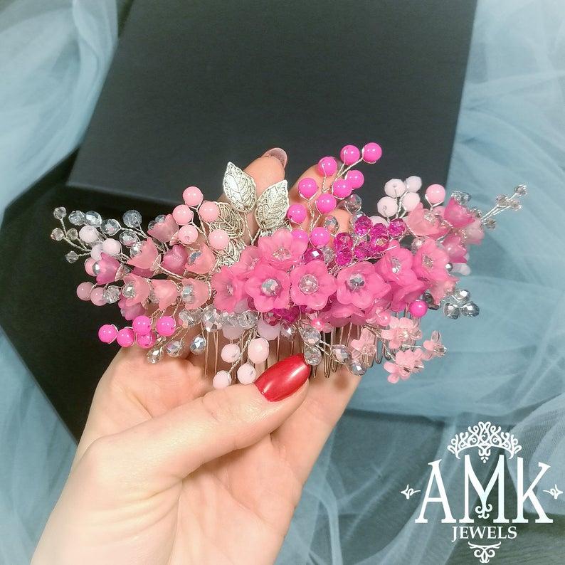 زفاف - Pink floral hair comb, bridesmaid hairpiece