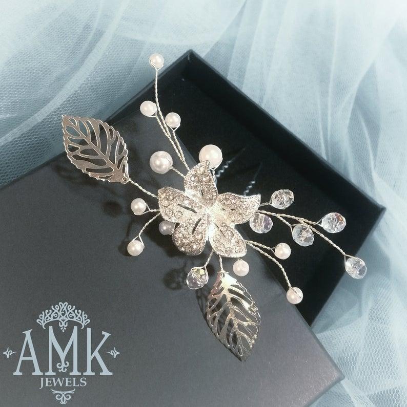 زفاف - Silver floral hair pin, silver flowers for bride
