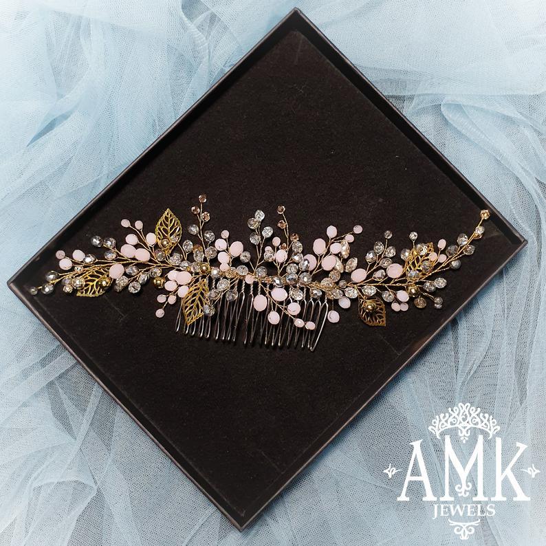 Mariage - Gold and pink hair comb for bride