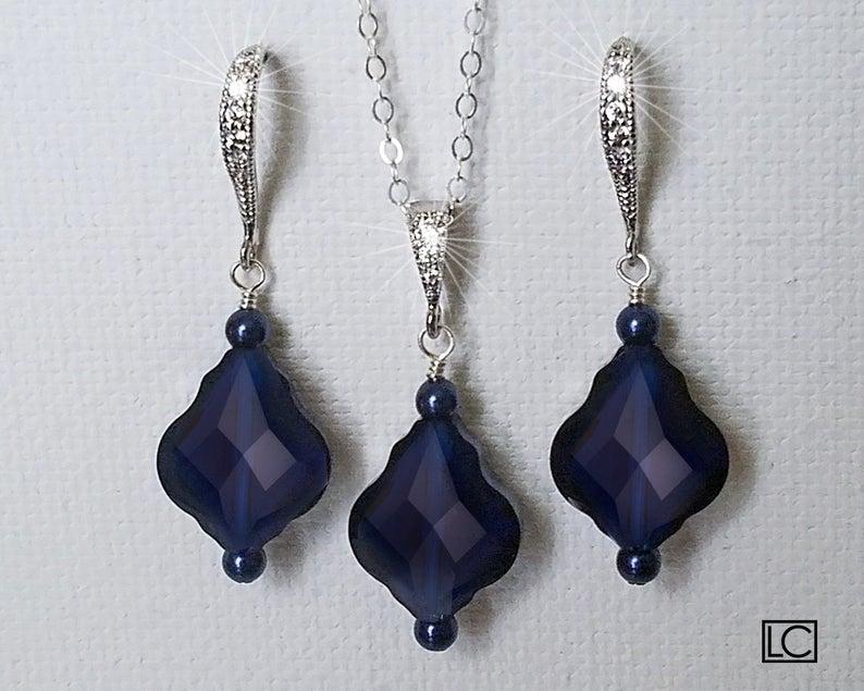 Hochzeit - Navy Blue Crystal Jewelry Set, Swarovski Dark Indigo Silver Set, Dark Blue Earring&Necklace Set, Wedding Navy Blue Jewelry Bridal Party Gift