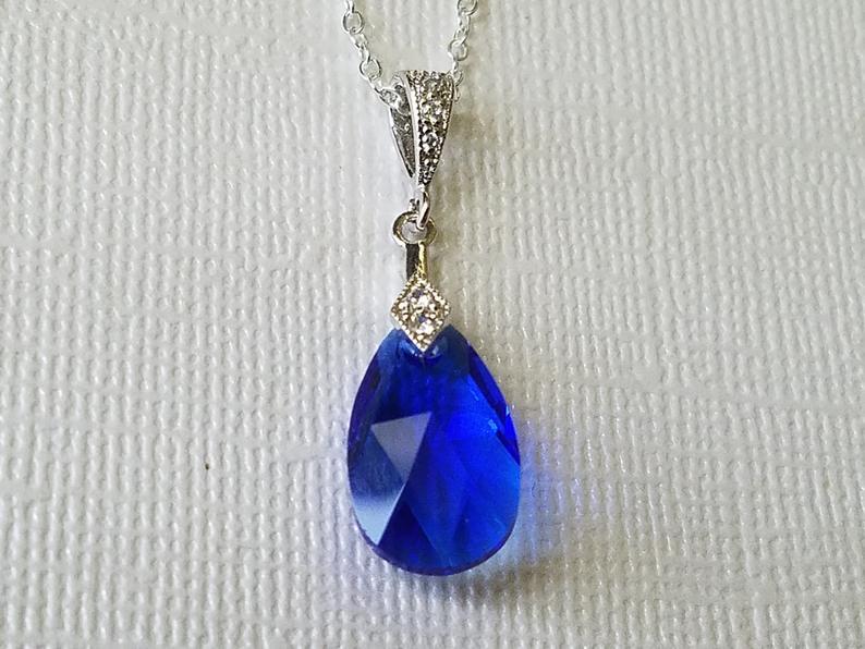 زفاف - Blue Crystal Necklace, Swarovski Majestic Blue Pendant, Cobalt Silver Dainty Necklace, Blue Teardrop Bridal Necklace, Blue Sapphire Jewelry