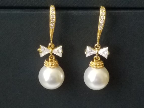 Hochzeit - Pearl Gold Bridal Earrings, Swarovski 10mm Pearl Drop Chandelier Earrings, Pearl Bow Wedding Earrings, Bridal Party Gift, Wedding Jewelry