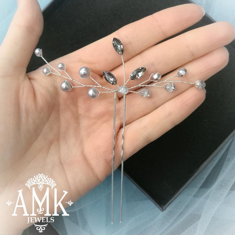 Hochzeit - Grey crystal hair pin for bridesmaid