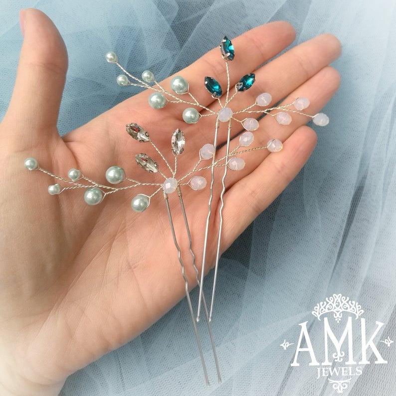 Свадьба - Blue aquamarine crystal hair pins