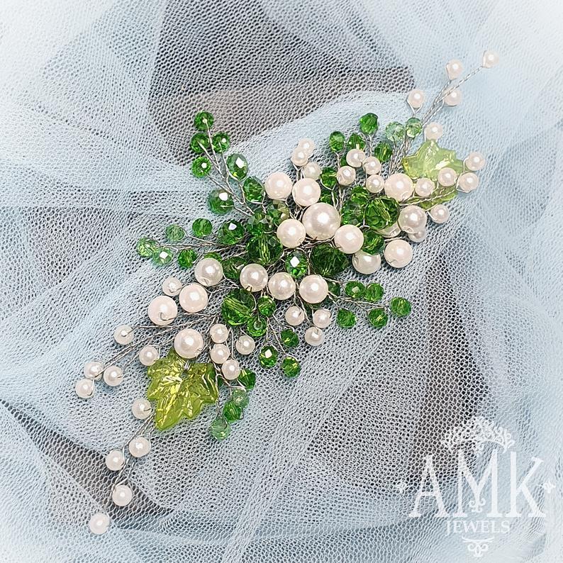 زفاف - Green bridesmaid hair accessory, green leaves
