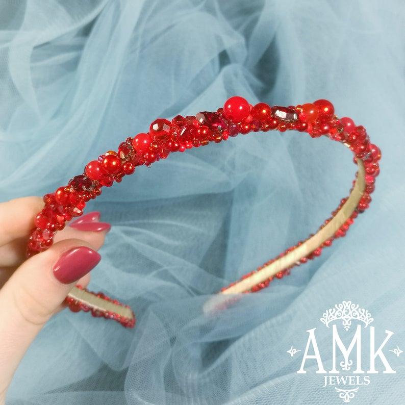 Wedding - Ruby headband, red hairband, crystal rim