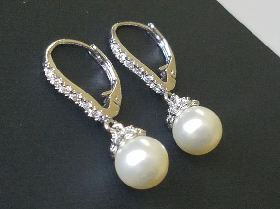 Hochzeit - Pearl Bridal Earrings, Ivory Pearl Drop Earrings, Swarovski Pearl Silver Earrings, Leverback Pearl Earrings, Bridal Jewelry, Wedding Jewelry