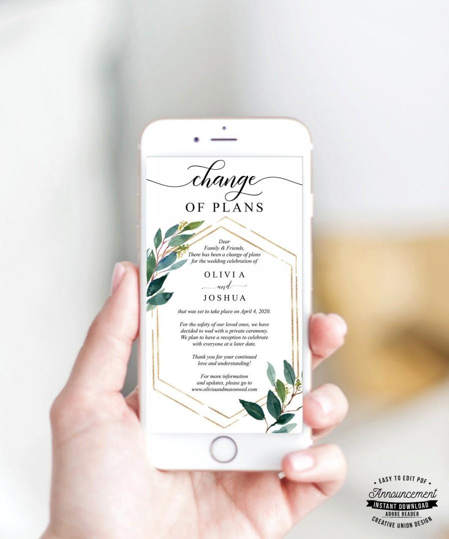 Wedding - ReSave The Date - Change of Plans - Wedding Cancellation Announcement - Postponed - Text - Email - Template Electronic - Garden Greens