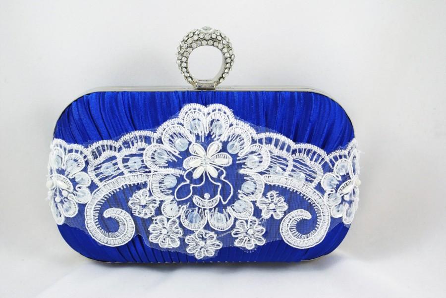 Hochzeit - Blue and White Bridal Handbag, Blue Wedding Clutch, Lace Bridal Clutch Bag, Royal Blue Clutch, Blue Bridesmaid Clutch, Lace Wedding Handbag