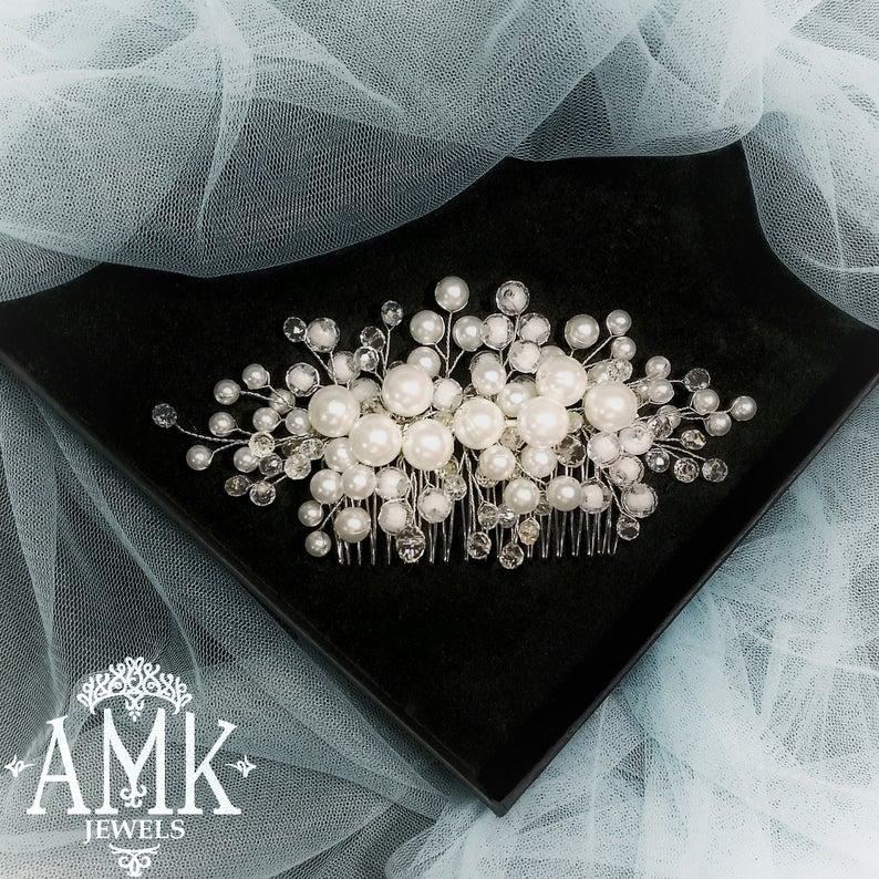 Свадьба - White pearl beads comb for wedding
