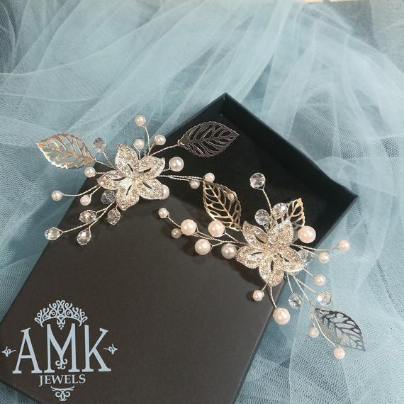 Wedding - Floral hair pins, silver bridal hair pins, silver flowers hair pins for bride, bridesmaid floral hair piece, floral silver hair accessories
