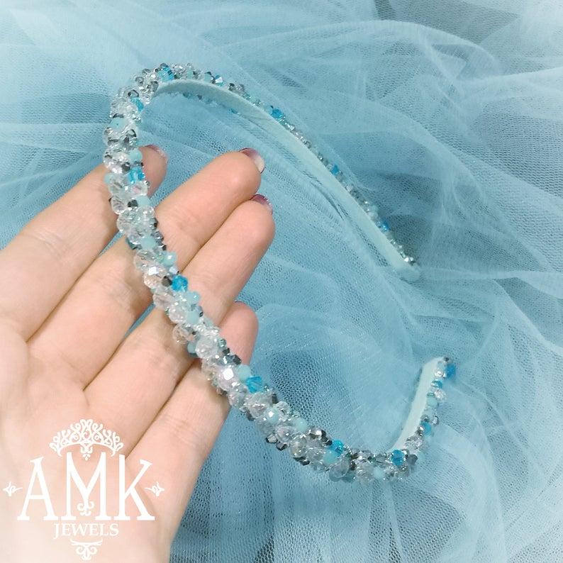 Wedding - Bridesmaid hair accessory, light blue headband, crystal hair band, wedding hair piece, bridal hair piece, headpiece for bridesmaid bride