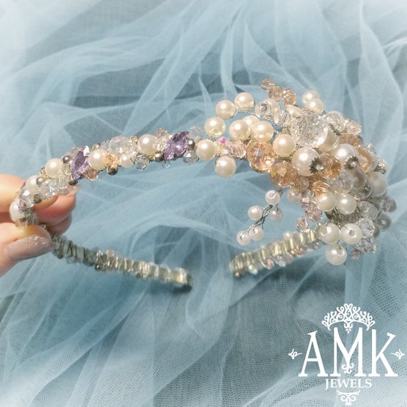 Wedding - Crystal wedding tiara, white and pink headband, bridal headband, crystal headband for bride, lilac headband, white bridal headpiece