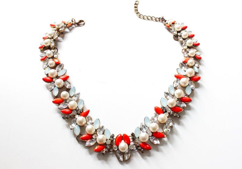 زفاف - Orange Blue Pearl Beaded Choker Necklace, Statement Necklace, Tribal Jewelry Chokers, Fine Beaded Necklace, Boho Chic Unique Gift Woman