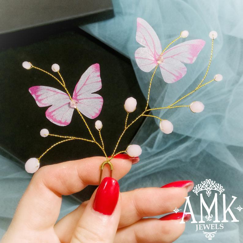 زفاف - Butterfly hair accessories, silk butterflies