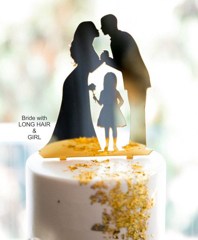Mariage - Wedding Cake Topper, Optional Girl or Boy, Bride with Long Hair or Updo, Acrylic [CT62bg]