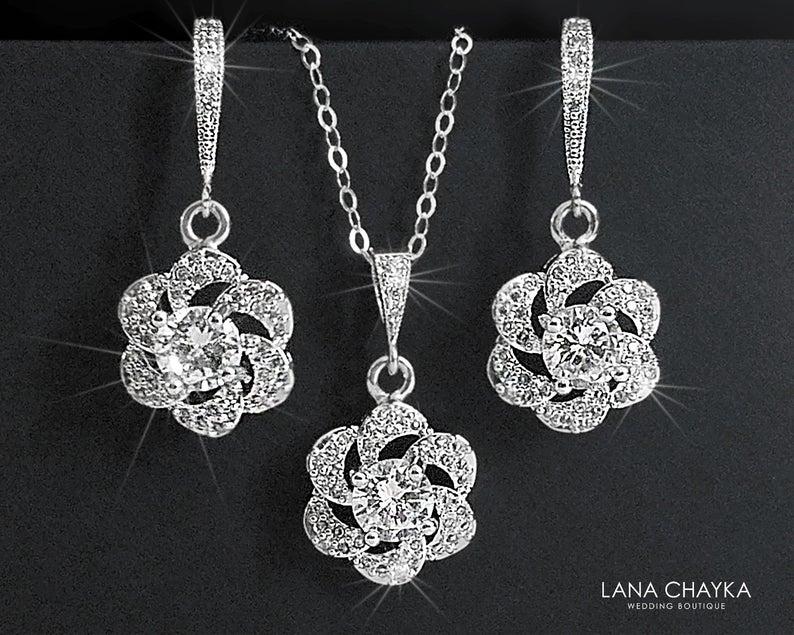 Wedding - Cubic Zirconia Bridal Jewelry Set, Earrings&Necklace Crystal Set, Camellia Wedding Jewelry Set, Floral Crystal Set, Bridal Jewelry, Prom Set