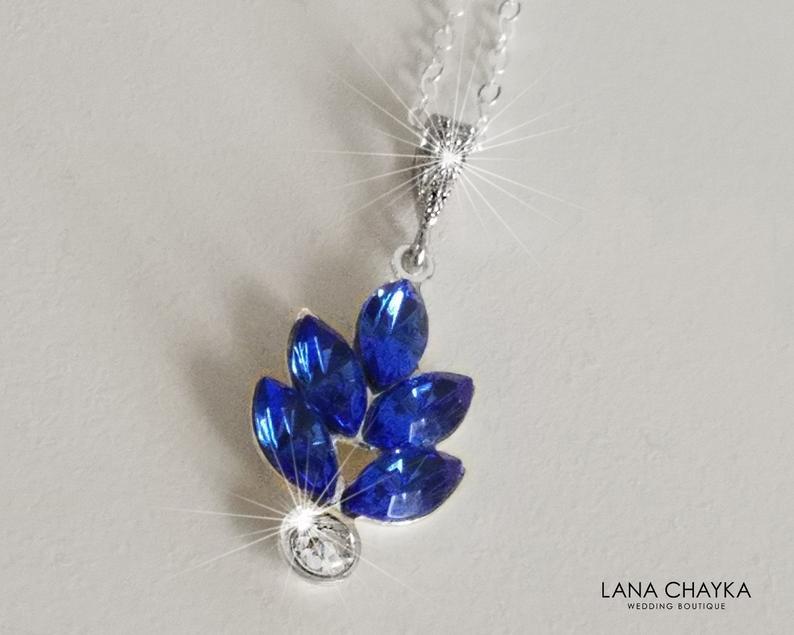 Wedding - Leaf Crystal Necklace, Blue Sapphire Leaves Necklace, Swarovski Sapphire Pendant, Blue Marquise Necklace, Wedding Jewelry, Something Blue