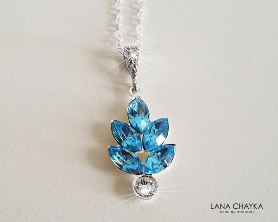زفاف - Leaf Crystal Necklace, Blue Aquamarine Leaves Necklace, Swarovski Aqua Blue Necklace, Wedding Bridesmaids Jewelry, Blue Marquise Pendant