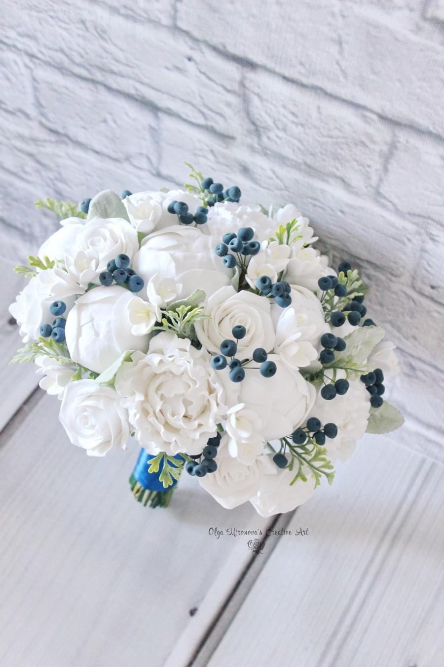 Hochzeit - White peony bouquet, White navy wedding bouquet, White Peony bridal bouquet, White navy blue wedding flowers
