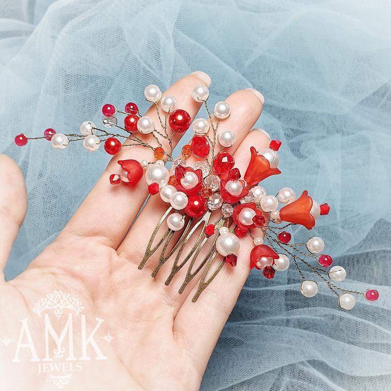 زفاف - Red hair comb, red bridesmaid hair accessory