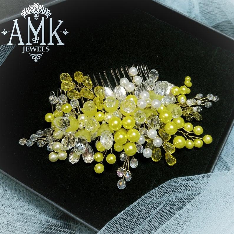 Wedding - Yellow hair comb, yellow bridesmaid hair accessory