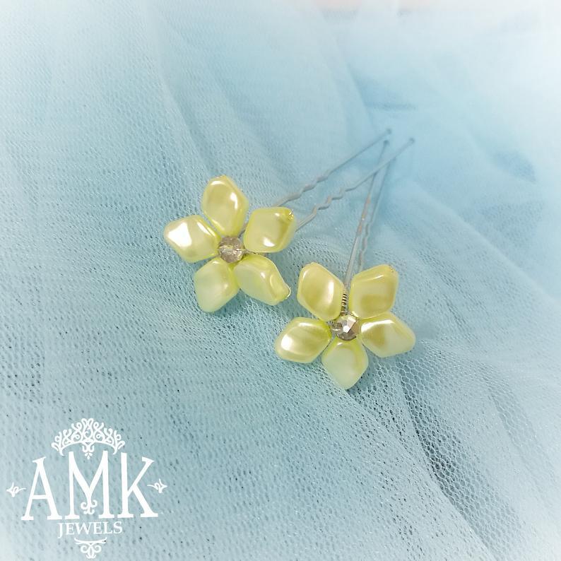 Свадьба - Yellow floral hair pins, set of hair pins