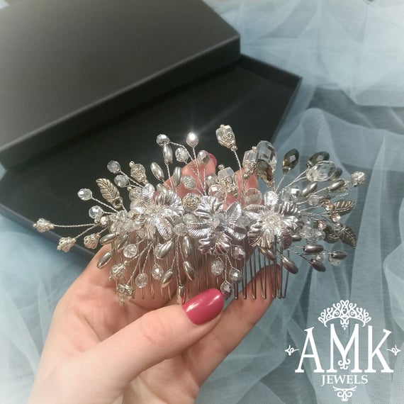 زفاف - Silver floral wedding comb for bride