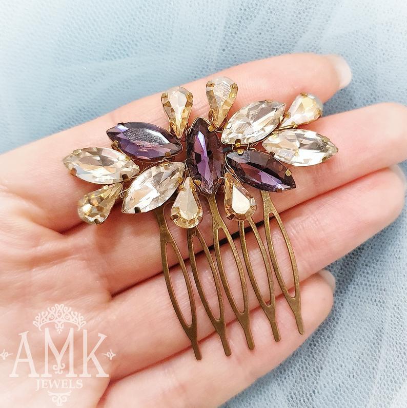 زفاف - Bridal comb with crystal, Lilac crystal accessories