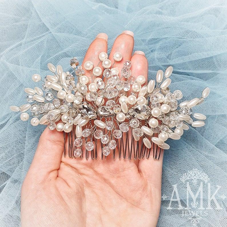 زفاف - White crystal bridal comb, wedding headpiece, bridal hair clip, bridal accessories, rhinestone hair comb, silver hair comb, bridal headpiece