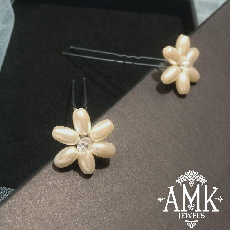 زفاف - Ivory floral hair pins, set of hair pins