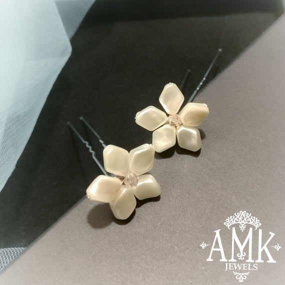 زفاف - Ivory floral hair pins, set of bridal hair pins