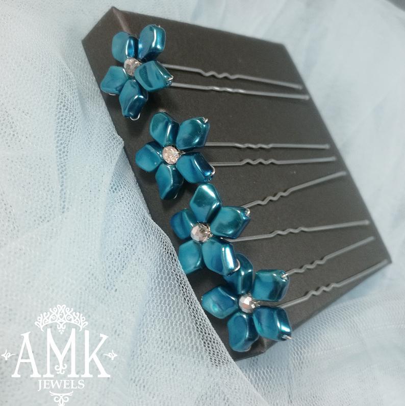 Wedding - Blue Hair pins, something blue accessory, Set of Hair Pins, Bridal Hair Accessory, carolina blue Hair Piece Bridesmaid, steel blue flower