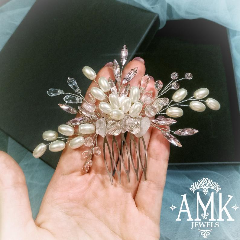 زفاف - Pink crystal hair comb for bride