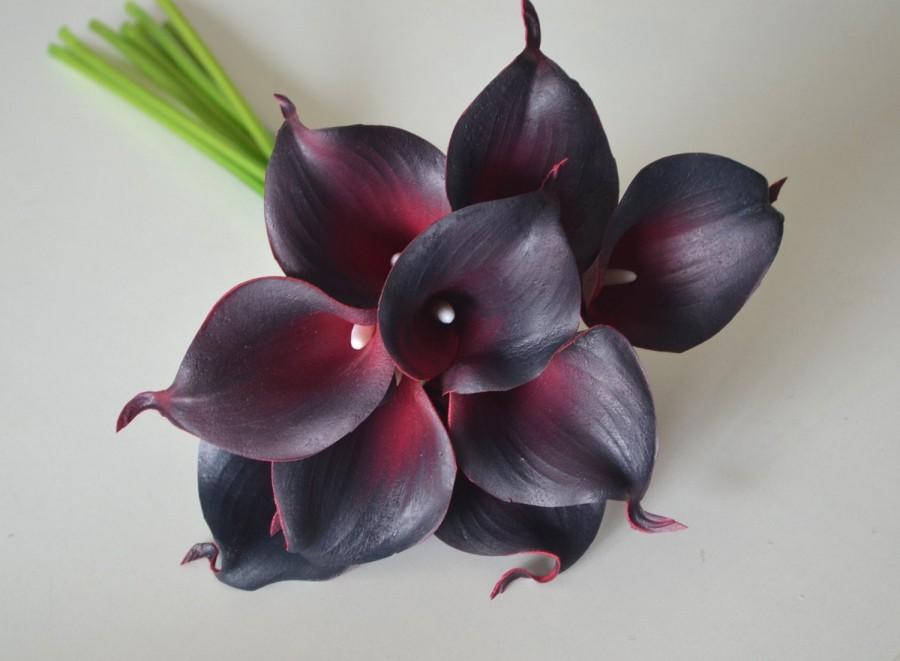 زفاف - Black Burgundy Calla Lilies Real Touch Flowers DIY Silk Wedding Bouquets, Centerpieces, Wedding Decorations