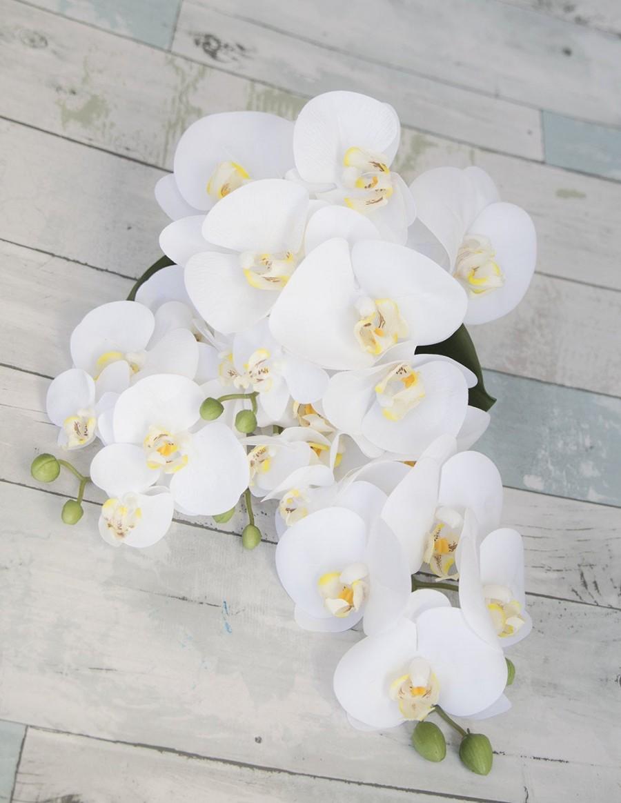 Mariage - Wedding Bouquet White Orchid Cascade - Phalaenopsis Elegant Orchid Teardrop Natural Touch Silk Flower Bride Bouquet - SALE!