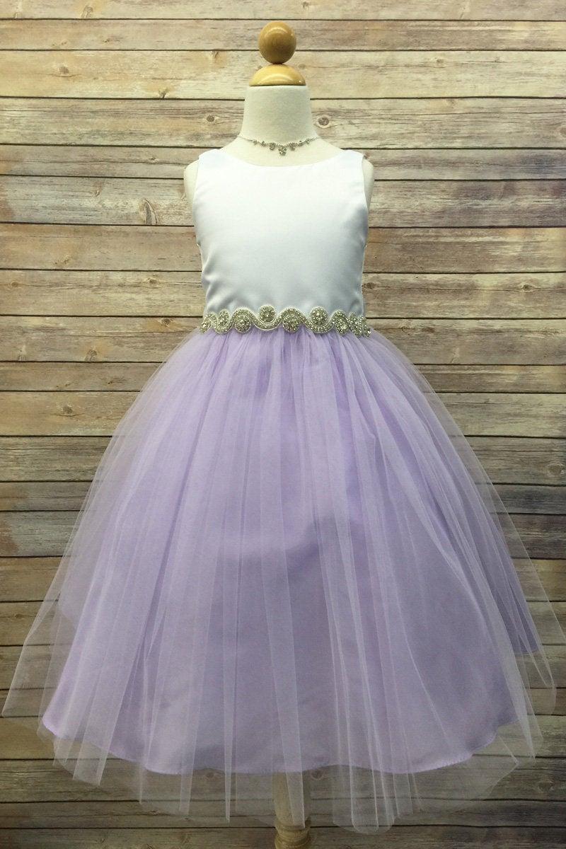Wedding - Tea Length Flower Girl Dress with Rhinestone Beaded Belt, Satin Top and Tulle Skirt