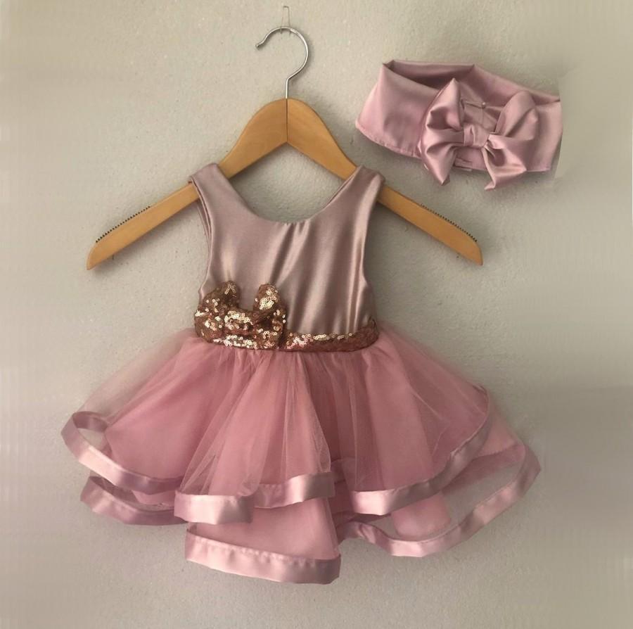 Wedding - Blush pink girls tulle dress with ruffled layers and satin ribbon seam line included matching headband for flower girls, Special occasion