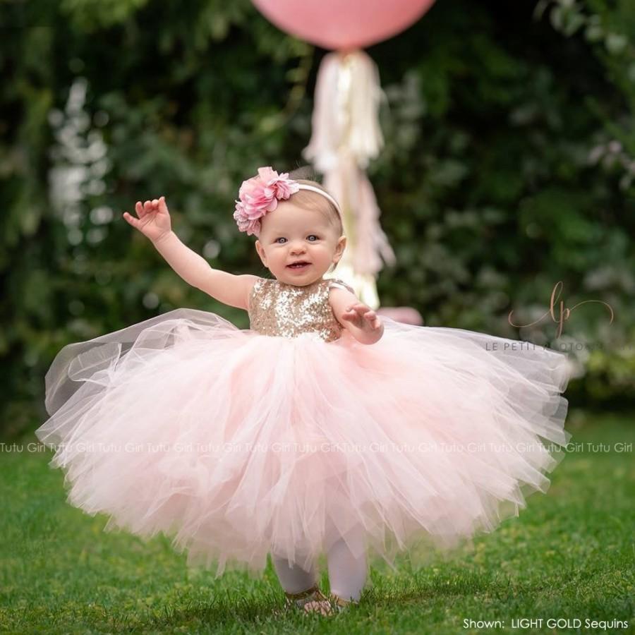 Wedding - Flower Girl Dress Gold, Sequin Flower Girl Dress Pink Blush, Baby, Girls, Long Tulle Tutu Skirt, Sleeveless Style