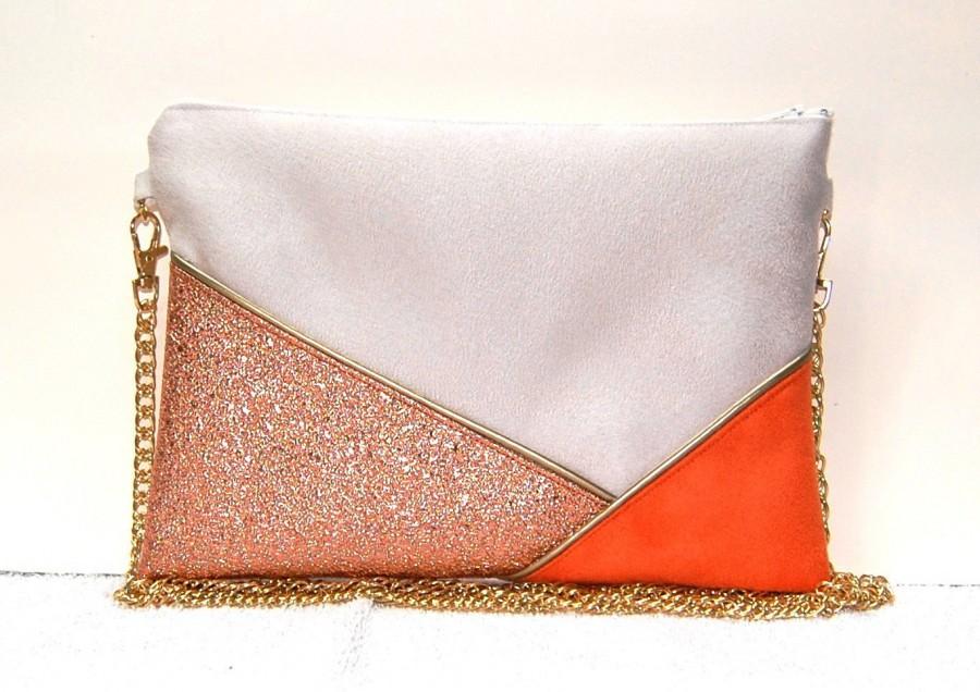 Hochzeit - Wedding clutch, evening clutch, ivory bag, orange, faux copper leather pink gold graphic lines - After the Beach