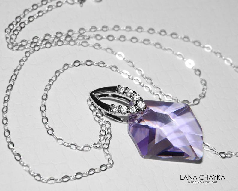 Wedding - Violet Crystal Necklace Swarovski Violet Cosmic Silver Necklace Lilac Lavender Pendant Light Purple Crystal Bridal Necklace Prom Necklace