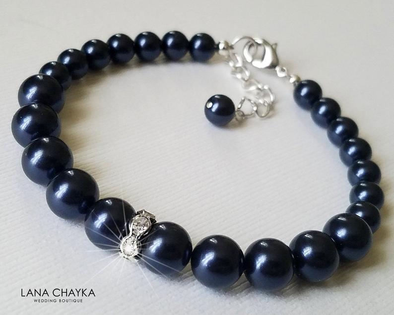 زفاف - Navy Blue Pearl Bracelet, Swarovski Night Blue Bracelet, Dark Blue Silver Bracelet, Wedding Navy Blue Jewelry, Wedding Deep Blue Bracelet