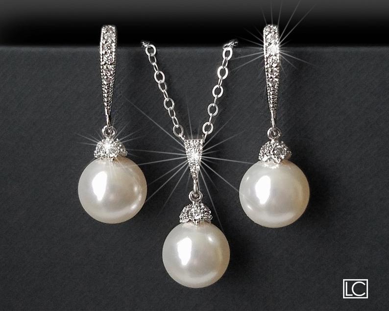 Wedding - White Pearl Bridal Jewelry Set, Swarovski 10mm Pearl Silver Wedding Jewelry Set, Pearl Earrings&Necklace Set, Wedding Jewelry Bridal Jewelry