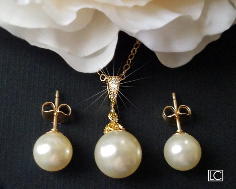 Hochzeit - Pearl Gold Jewelry Set, Swarovski Ivory Pearl Earrings&Necklace Set, Wedding Pearl Set, Bridal Pearl Jewelry, Gold Pearl Bridal Jewelry Set
